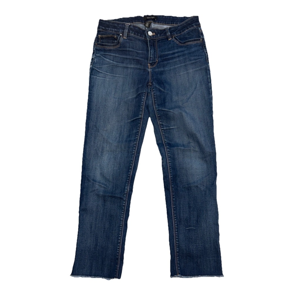 White House Black Market Slim Crop Blue Denim Jeans Women's Size 6 Raw Hems